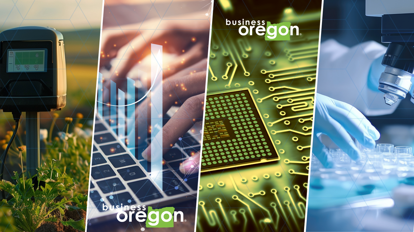 collage of images: circuit, lab, computer and crop